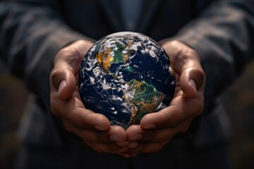 Hands of a businessman in a suit holding the planet earth. Global Warming, Climate Change and sustainable planet.