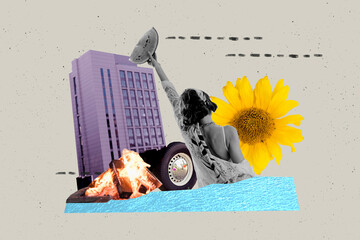 Collage creative poster illustration black white filter tenderness slim cheerful young lady raised...
