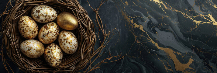 Golden speckled eggs nestled in a dark wicker basket on a black marbled background with luxurious gold streaks, symbolizing wealth and prosperity. Easter concept. Banner.