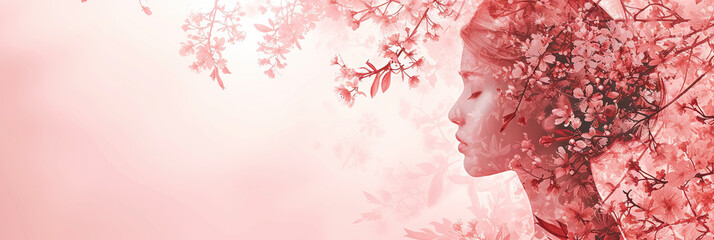 The elegant profile of a female silhouette adorned with floral elements in varying shades of pink, serenity, and a connection with nature. Concept of International Women's Day. Banner