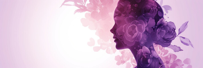 The elegant profile of a female silhouette adorned with floral elements in varying shades of purple, serenity, and a connection with nature. Concept of International Women's Day. Banner - obrazy, fototapety, plakaty