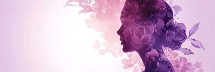 Fotobehang The elegant profile of a female silhouette adorned with floral elements in varying shades of purple, serenity, and a connection with nature. Concept of International Women's Day. Banner © AI_images