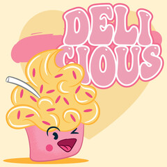 illustration of Ice Cream with cartoon shape with candy sprinkles and vibrant colors, text " Delicious " textured background, iconic design to celebrate Ice Cream Day