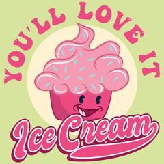 illustration of Ice Cream with cartoon shape with candy sprinkles and vibrant colors, text " You'll Love It Ice Cream" textured background, iconic design to celebrate Ice Cream Day