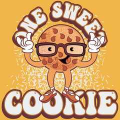 illustration of rich chocolate cookie with glasses to give it a scholarly or nerdy impression texture of cookie dough and text " One Sweet cookie" cake pattern set.