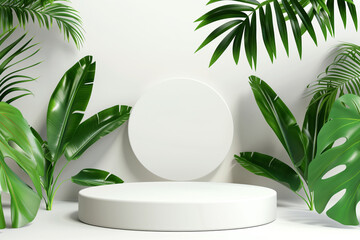 podium and minimal white product display with tropical leaves shadow.