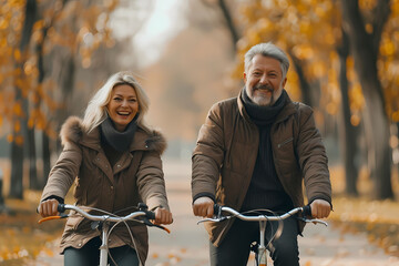 Happy mature couple riding a bike