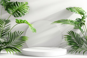 podium and minimal white product display with tropical leaves shadow.