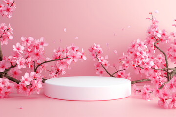 podium and minimal white product display with sakura flower shadow and pink background.