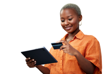 Woman, tablet and happy with credit card for payment of online shopping, ecommerce or shopper with fintech. Black person, customer and internet banking for sale isolated on png transparent background