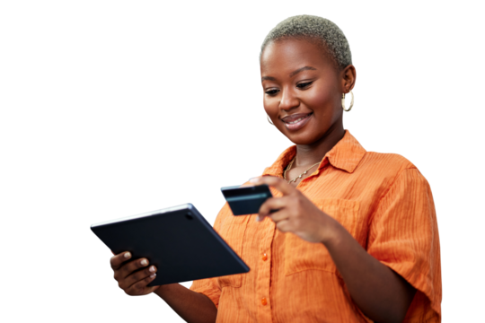 Woman, tablet and happy with credit card for payment of online shopping, ecommerce or shopper with fintech. Black person, customer and internet banking for sale isolated on png transparent background