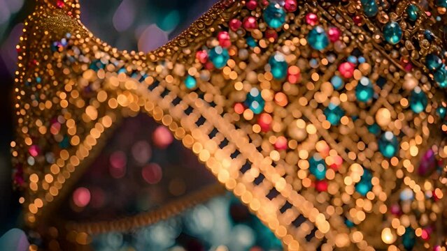 Intricate details and vibrant colors of gold and blue beaded crown in this mesmerizing close-up video