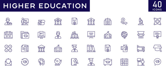 Higher Education icon set with fully editable stroke thin line vector illustration with college, university, academic, learning, diploma, graduation, studies, science, teaching, classroom, knowledge