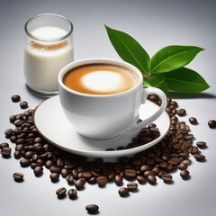 coffee with milk in white cup with the coffee beans spread around