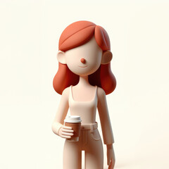 Redhead Girl with Coffee. 3D minimalist cute illustration on a light background.