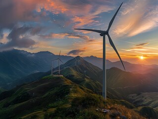 Wind Turbines on a Hill at Sunset