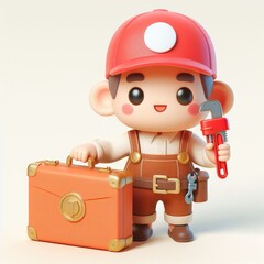Fototapeta premium Cute Cartoon Craftsman with Toolbox. 3D minimalist cute illustration on a light background.