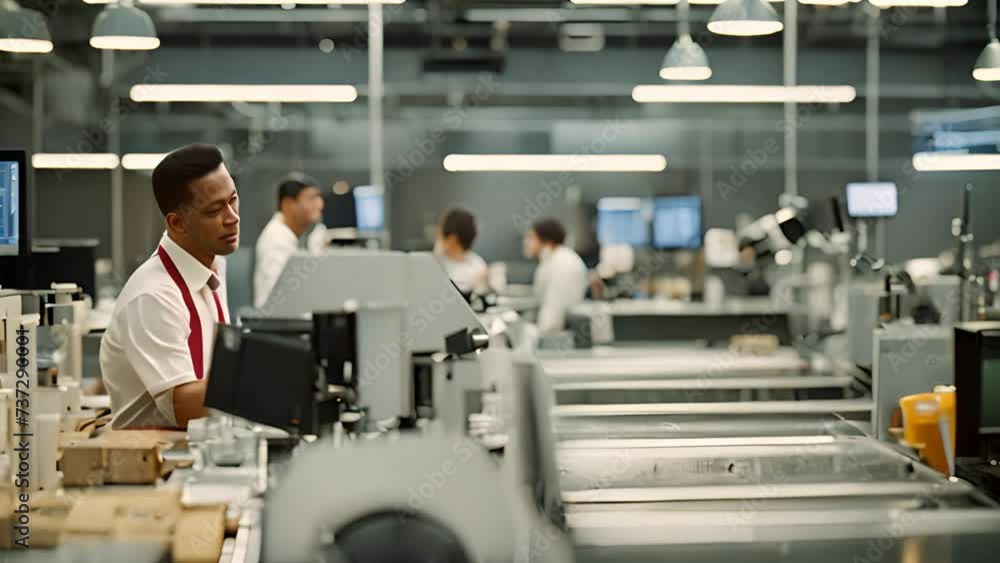 Poster teamwork and productivity of group of skilled men diligently work together in bustling factory, exec
