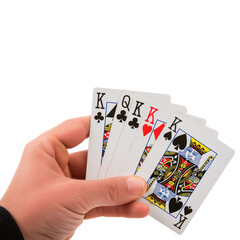 Hand holding playing cards, close-up photo. Poker game, card game strategy, gambling excitement.