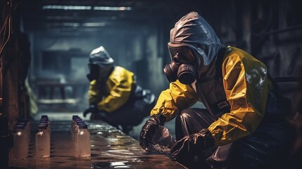 Specialists wearing protective suits check the surfaces of workplaces for dangerous chemicals. Emergency response to a radioactive accident at a factory, subway, or public place. - obrazy, fototapety, plakaty