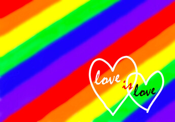 illustration of two hearts, inside the heart the text love is love on a diagonal rainbow pattern. The rainbow is a symbol of lesbian, gay, bisexual, and transgender LGBT pride.