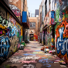 Fototapeta premium Graffiti-covered walls in an urban alleyway. 