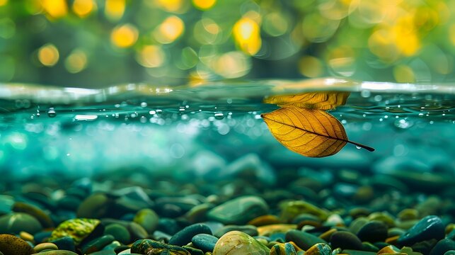 underwater of river natural landscape with stone pebble and water tree leaf flow in water beautiful nature background