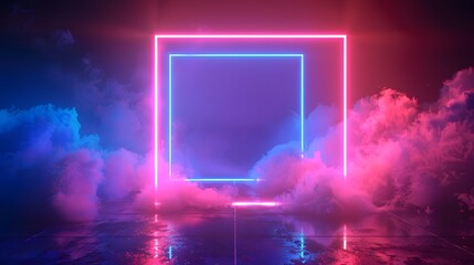 Vector 3d render, square glowing in the dark, pink blue neon light, illuminate frame design. Abstract cosmic vibrant color backdrop. Glowing neon light. Neon frame with rounded corners. 