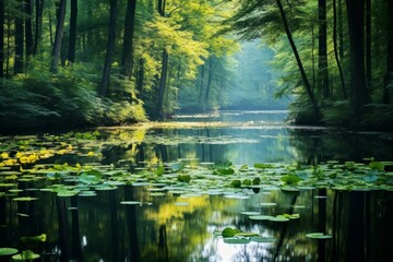 A tranquil reflection of a peaceful forest scene in the glassy waters of a pond