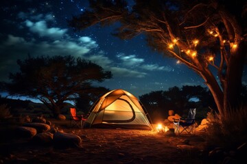 A wanderer's campsite under a canopy of stars in a remote wilderness, a true wanderlust experience