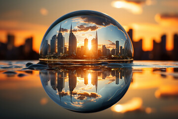 A stunning view of the city skyline is encapsulated within a crystal ball against the backdrop of a vibrant sunset.