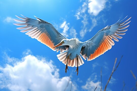 Airborne bird framed by a brilliant blue sky