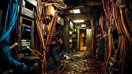 A mess of wires, chaotic computer network cable room