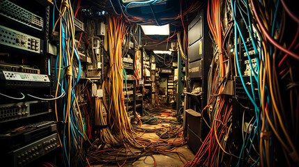 A mess of wires, chaotic computer network cable room - obrazy, fototapety, plakaty