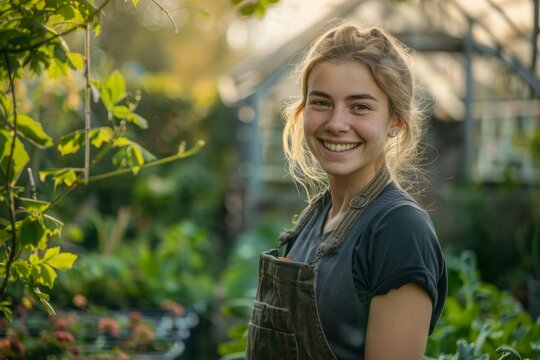 Enthusiastic Landscaper Woman Stands Near Greenhouse, Grinning Amidst Lush Garden. A Picture of Skill and Satisfaction in Outdoor Craftsmanship. Ideal for Garden Center Advertisements, Eco-conscious