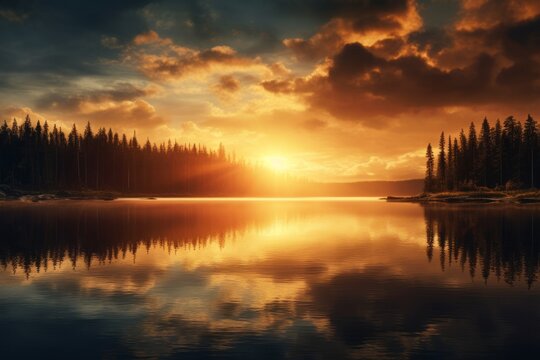 An organic image of a serene lake reflecting the sun's rays, illustrating the potential of solar energy