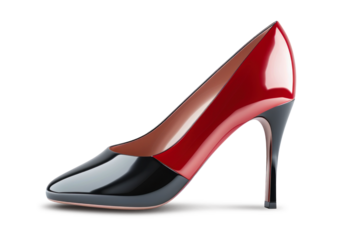 A fashionable red and black high heeled shoe in the style of a business woman. Isolated