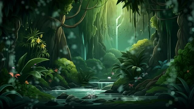 fantasy tropical green forest with beautiful river. Cartoon or anime watercolor painting illustration style. seamless loop 4K imagination environment background.