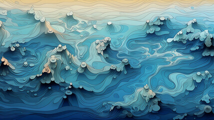 Cerulean Artistic Topographical Ocean Map Stylized Sea Depth Illustration, A topographical map, varying depths and land elevations of a marine landscape in multiple shades of blue