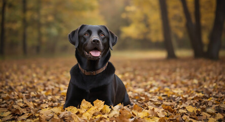 Black Labrador dog in autumn park