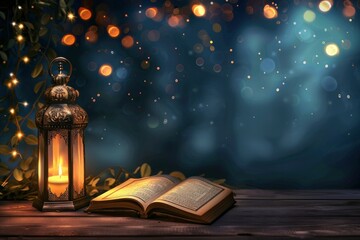Eid Al Fitr background design of a realistic a lantern and a book on a table - obrazy, fototapety, plakaty