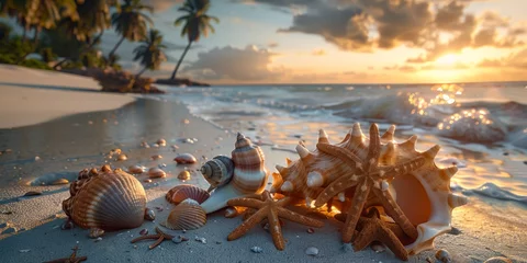 Foto op Canvas Landscape of a beach with shells, conches, coral and starfish on the shore and palm trees with sunset in the background. Summer wallpaper. © arhendrix