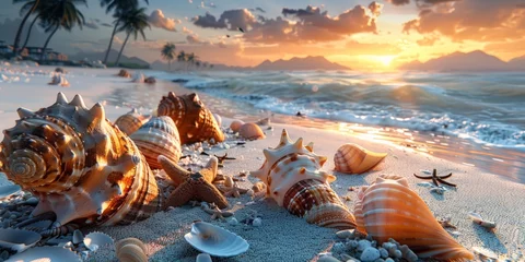 Foto op Plexiglas Landscape of a beach with shells, conches, coral and starfish on the shore and palm trees with sunset in the background. Summer wallpaper. © arhendrix