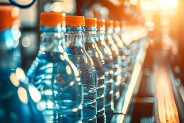 Water bottles on a conveyor belt in a modern beverage plant