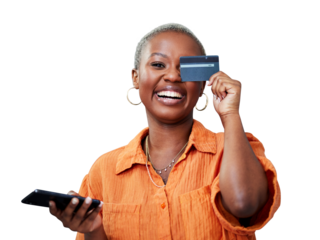 Woman, phone and portrait with credit card or happy for online shopping, ecommerce and excited for fintech. Black person, customer and internet banking for sale isolated on png transparent background