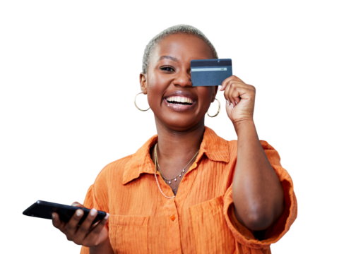 Woman, phone and portrait with credit card or happy for online shopping, ecommerce and excited for fintech. Black person, customer and internet banking for sale isolated on png transparent background