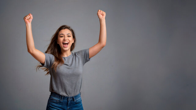 Euphoria. Young woman celebrating with arms raised, on neutral background. Screaming with joy.. AI Generated