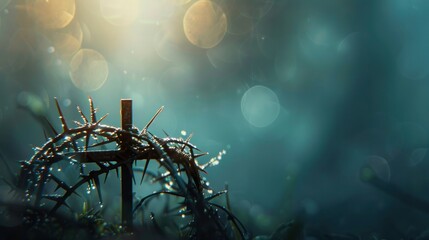 Crown of thorns and cross on bokeh background - obrazy, fototapety, plakaty