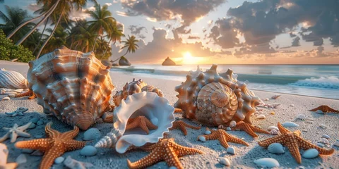 Gartenposter Landscape of a beach with shells, conches, coral and starfish on the shore and palm trees with sunset in the background. Summer wallpaper. © arhendrix