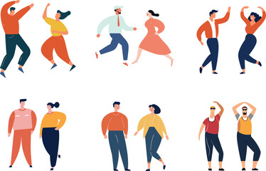 Diverse group stylized people dancing walking. Happy individuals expressing joy movement. Friendship leisure activities vector illustration
